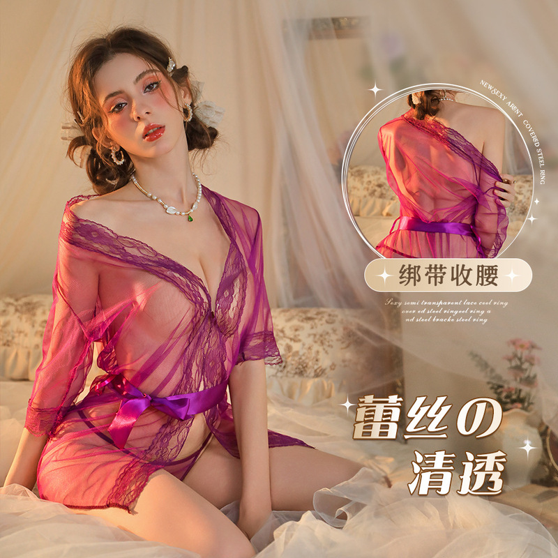Bodan Transparent Tulle Temptation Nightgown Lace Sexy Pajamas Shawl Mesh Bathrobe Uniform Suit