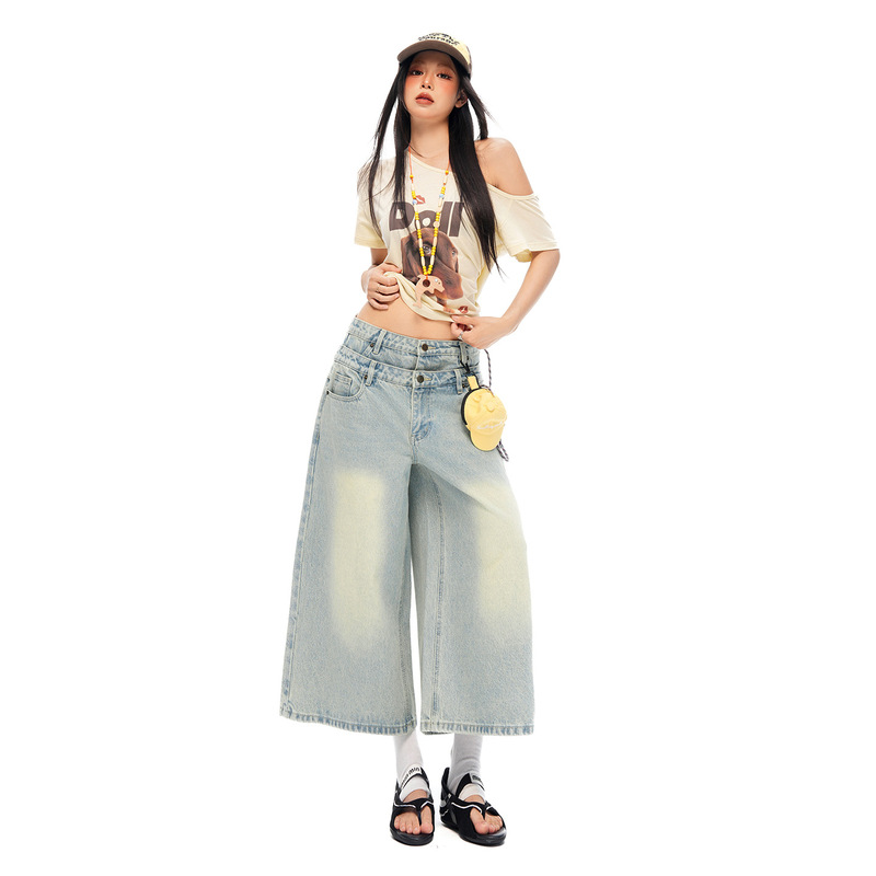 ｜Xsd 【New Product】！2026 Summer｜Double Waistband Niche Design Distressed Washed Denim Mid-Length Wide-Leg Pants