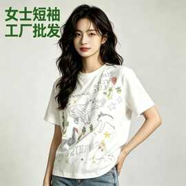 2026韩系夏新款休闲涂鸦动物印花短袖T恤女宽松百搭减龄上衣批发