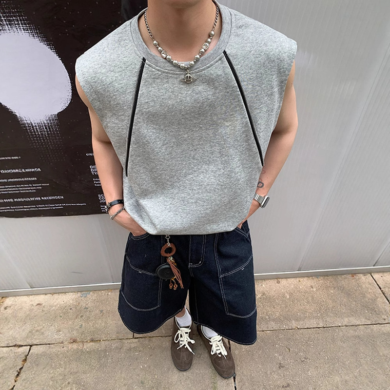 American-Style Design Zipper Color-Block Sleeveless T-Shirt for Men, Summer Niche Retro Heavyweight Vest, Regular Shoulder, Stylish and Cool Tank Top