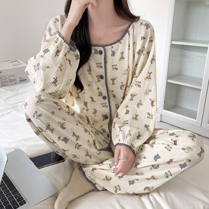 Pajamas women's spring and autumn cotton yarn long sleeve wrinkle cotton new sweet cute girls can wear outdoor home wear suit wholesale