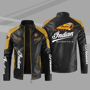European size men's PU high-end leather printed fleece-lined warm European and American car logo Indian motorcycle jacket