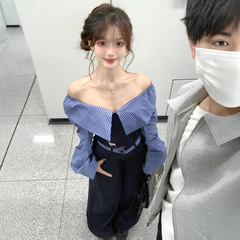 学院の怠惰な風の1字の肩のストライプは上着の女性の2025新型をつなぎ合わせてやせています。
