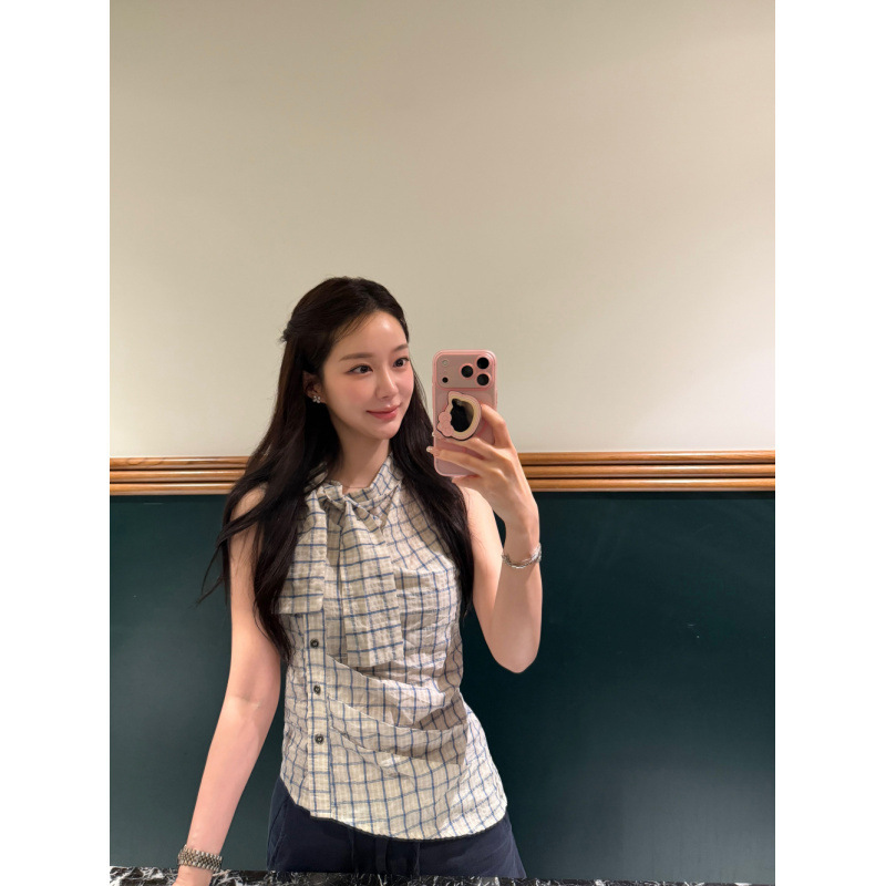 Korean Chic Summer Fashion Youthful Plaid High-Neck Tie Waist Slimming Shirt Versatile Sleeveless Top for Women