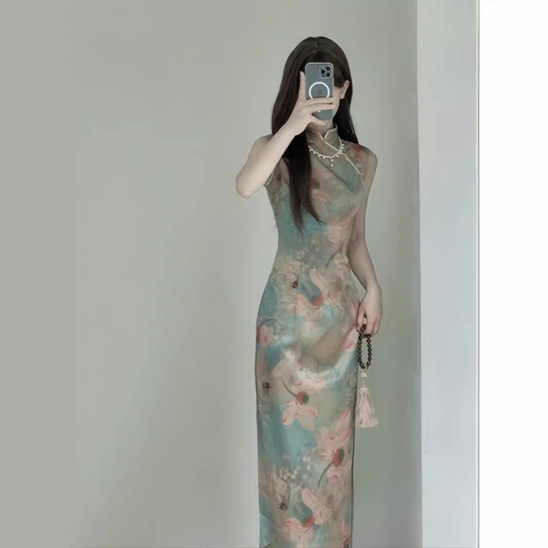 Đầm maxi nữ thắt eo kiểu Pháp thanh lịch, sườn xám mới mùa hè — Màu hoa