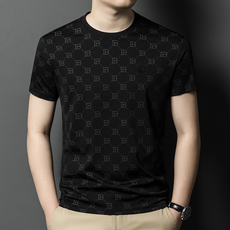 本物のロモンシルク半袖Tシャツメンズラウンドネックハイエンド若者と中年の薄いアイスシルク半袖Tシャツ。|undefined