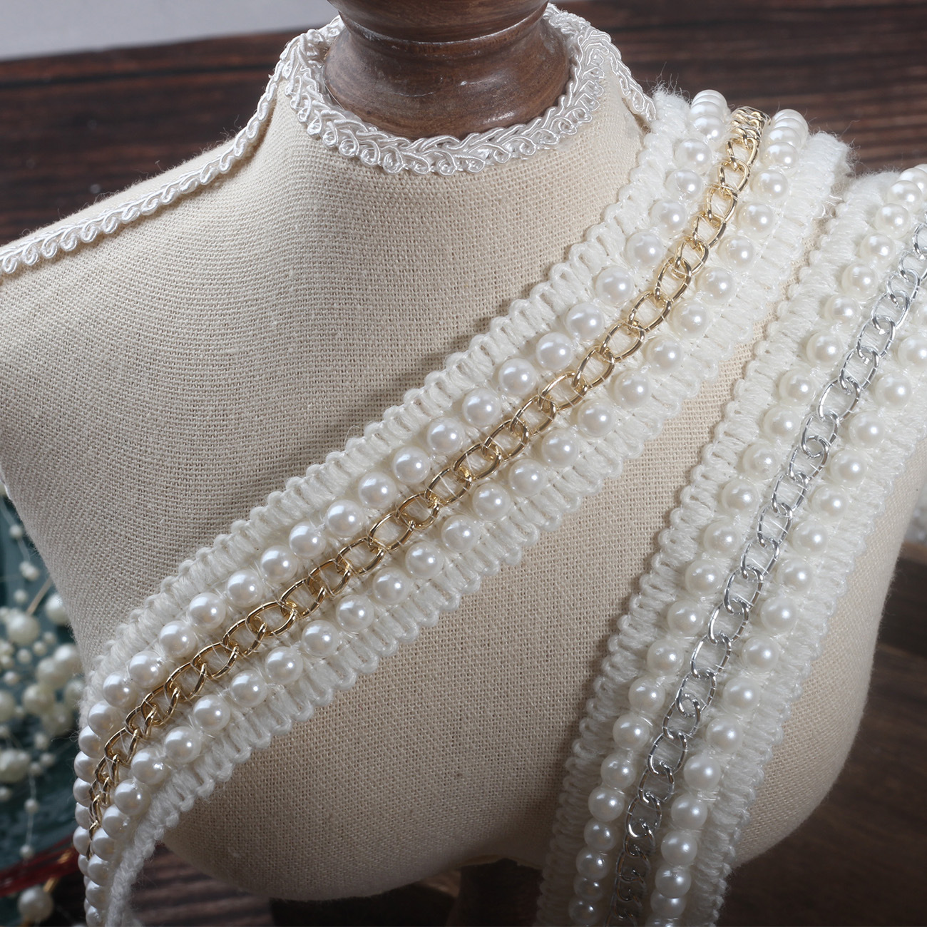 现货4cm小香风花边链条珠子棉线蕾丝花边服装辅料小香风链条珍珠