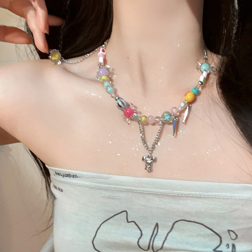 Hidden privately!  Suitable for summer, rainbow candy necklace, female niche accessory, Internet celebrity sweet and cool hot girl clavicle chain trend