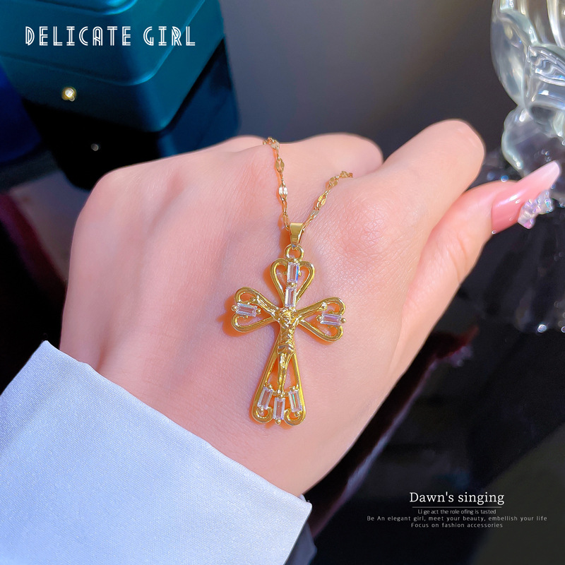 Ethnic Style Cross Stainless Steel Inlay Artificial Gemstones Necklace 1 Piece