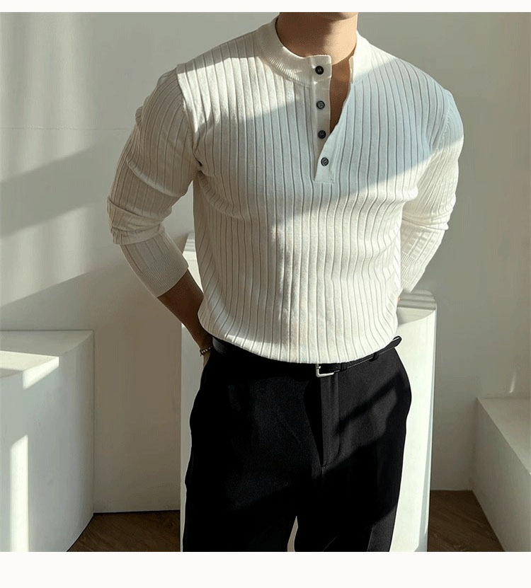 Men's Slim-Fit Henley Knit Shirt - Breathable Polyester Long Sleeve Top, Striped Muscle Fit For Gym & Casual Wear (Spring/Fall Collection)_viptrois.com