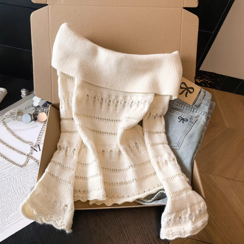 Real Shot~ French-Style Elegant Hollow-Out Off-Shoulder Knit Sweater for Women, Spring 2026, Inner Wear with Bell Sleeves Real Shot~ French-Style Elegant Hollow-Out Off-Shoulder Knit Sweater for Women, Spring 2026, Inner Wear with Bell Sleeves