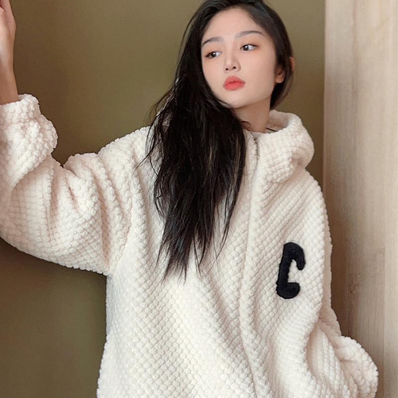 Pijamas de caída en línea para mujeres de otoño y invierno deportivos con capuzas de vello y cremallera de ocio gruesa para estudiantes se pueden usar con ropa de hogar