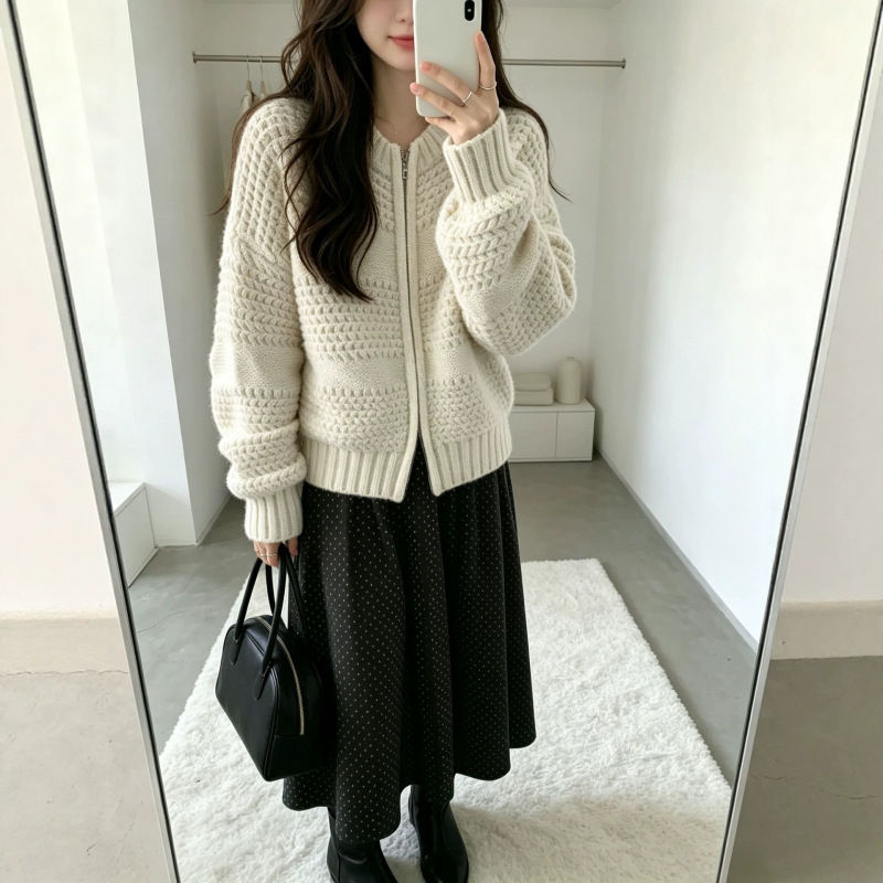 Korean Dongdaemun new thick knit sweater, autumn and winter warm coat, casual style, thickened zippered knitted cardigan