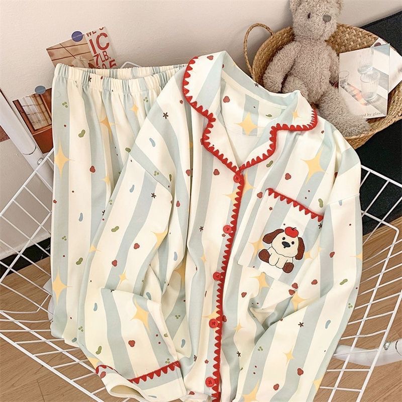 [Lotus Cream] Clouds Cross-border Foreign Trade Korean Pajamas Women's Cardigan Sweet Simple Japanese Students Long Sleeve Spring