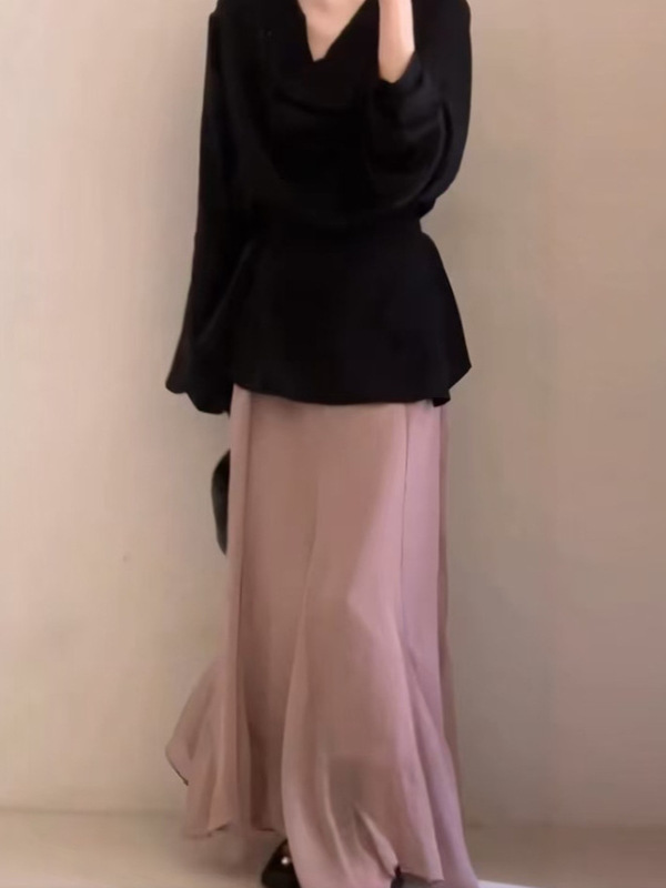 春秋穿搭一整套气质黑色2025款衬衫上衣女半身裙韩系chic两件套装|undefined