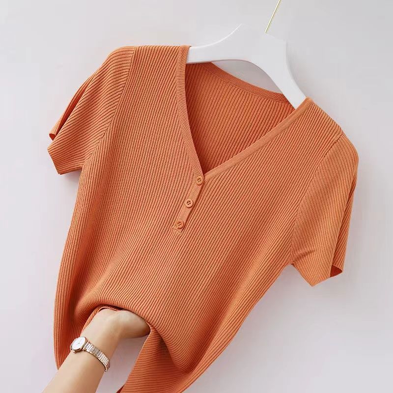 Spring and Summer New T-shirt Women's Short-sleeved Korean-style Short V-neck Slim-fit Solid Color Fashion Ice Silk Base Knitted All-match Slimming