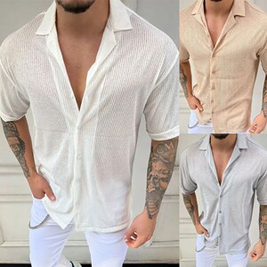 Casual slim top stripe knitted short sleeve shirt for men