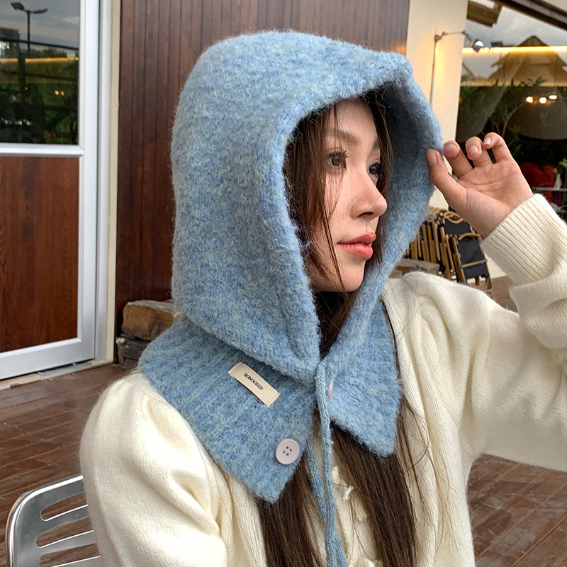 South Korea Balaclava Hat Scarf One-piece Women's Autumn and Winter Warm Ear Protection Hooded Neck Knitted Wool Hat