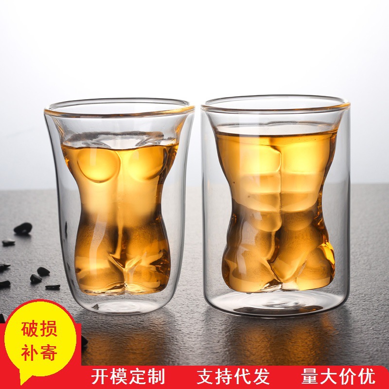 Personalizada creativa de cristal de doble capa feroz belleza masculina de cerveza de vidrio bar espíritus taza de jugo lindo copa de vino tinto