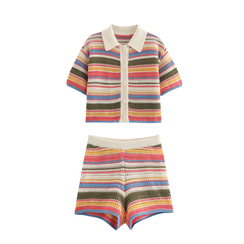 American Autumn New Striped Short-Sleeved Lapel Knitted Cardigan Top Casual High-Waisted Shorts Striped Knitted Suit American Autumn New Striped Short-Sleeved Lapel Knitted Cardigan Top Casual High-Waisted Shorts Striped Knitted Suit