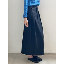 言双 气质压褶半身裙女春季新款纯色高腰直筒A字半身裙子9780