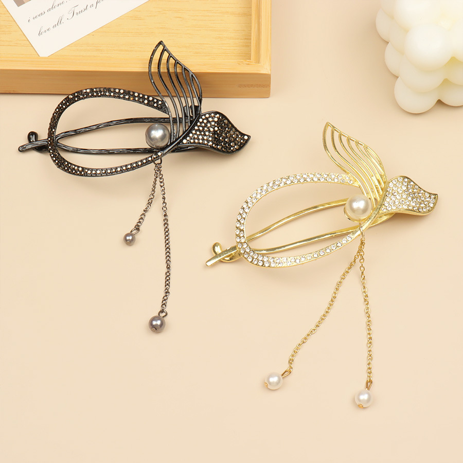 Pearl Diamond Hairpin Women's One-character Clip Five-petal Flower Pendant Back of Head Coil Hair Grab Clip with Tooth Twisted Hairpin Headdress