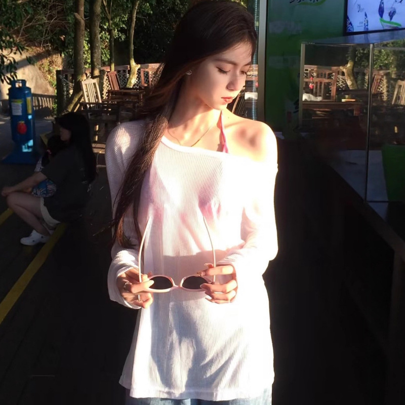 Sexy Pure Desire Long-Sleeved T-Shirt for Women Summer Thin Transparent Seaside Top Niche Loose Sexy Sun Protection Blouse Trendy