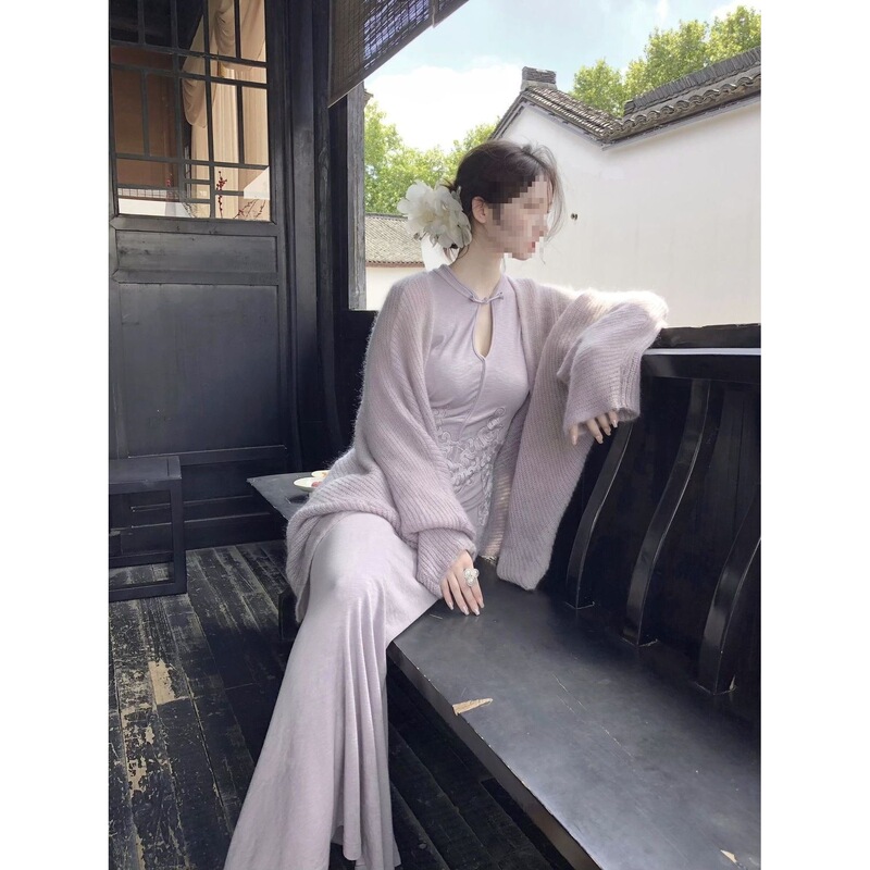 新中式复古盘扣旗袍连衣裙修身包臀裙女秋季糯针织披肩开衫两件套|undefined