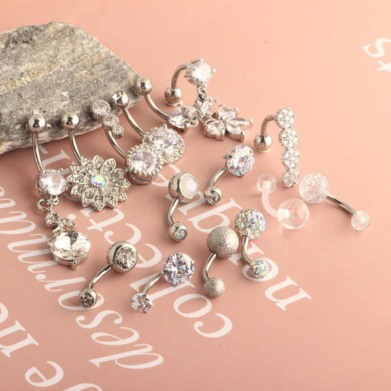 Cross-border Hot New Zircon Navel Ring Stainless Steel Double-Headed Heart-Shaped Diamond-Embedded Belly Button Piercing Jewelry 15 Pieces detail image 9