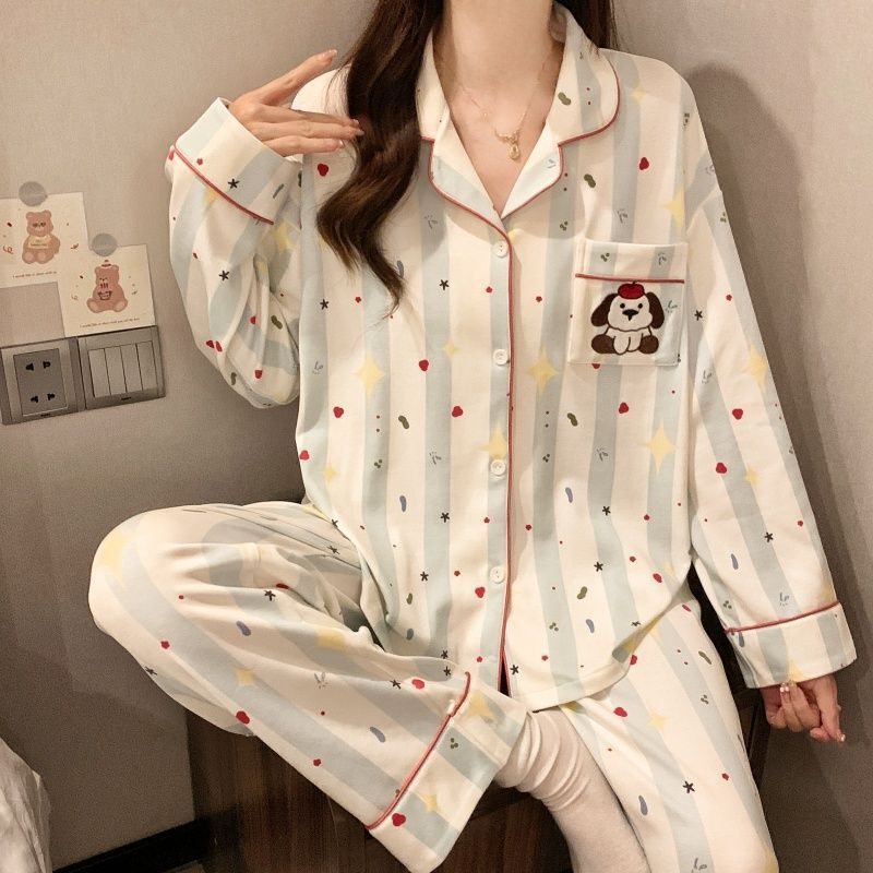2026 new style pajamas for women, spring and autumn, long-sleeved, long pants, cute, suitable for student dormitories, can be worn outside, women's loungewear set