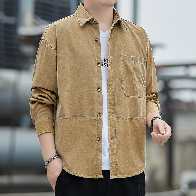 Spring and Autumn Men's Shirts Autumn New Long Sleeve Trendy Shirts Workwear Tops Casual Denim Color Loose Jackets for Men