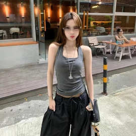 韩系辣妹条纹挂脖纯欲风露肩美背打底内搭搭配超弹紧身背心上衣女