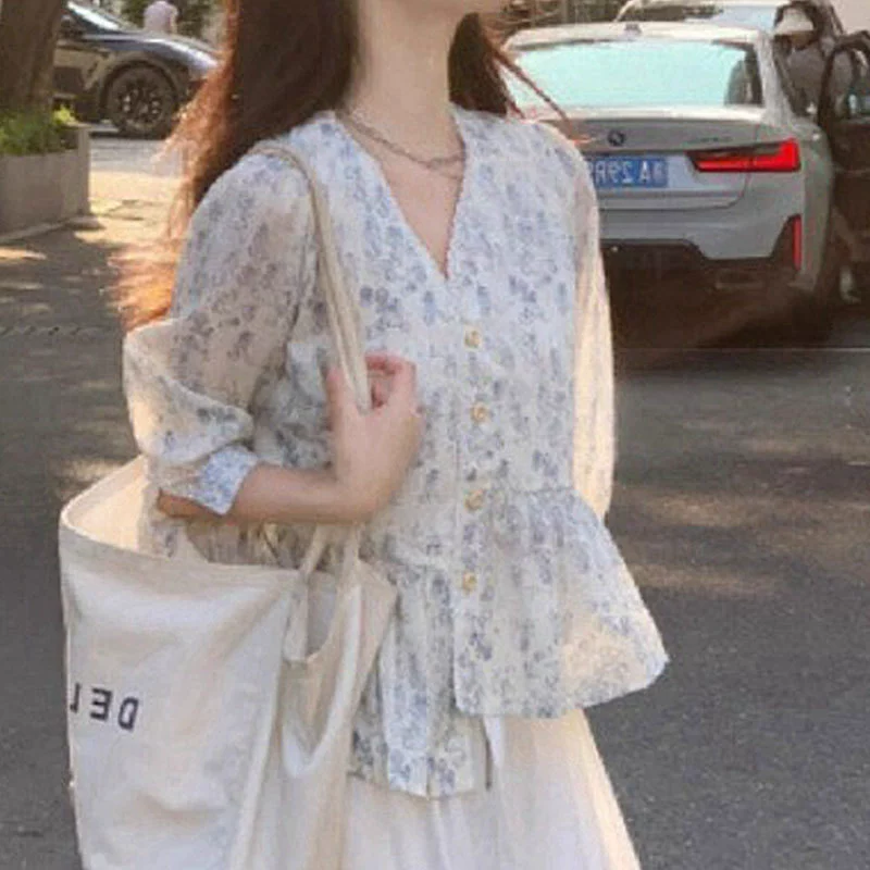 Голубая летняя кукла, милая рубашка, цветочный принт, V-образный вырез