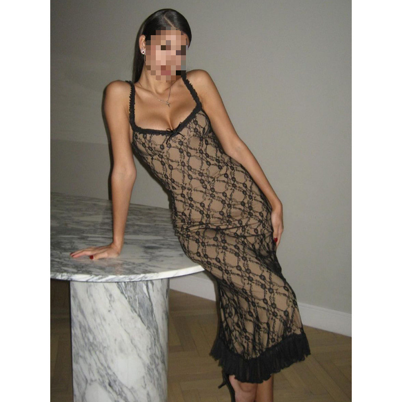 New popular European and American foreign trade style sexy lace-detailed mid-length camisole dress with bow on the chest for women New popular European and American foreign trade style sexy lace-detailed mid-length camisole dress with bow on the chest for women
