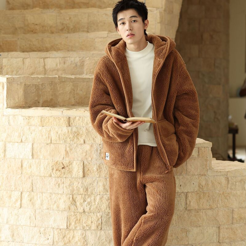 Autumn and Winter Men's Thickened Warm Velvet Wearing Hat suit Solid Color Simple Pajamas Loose Casual Home Clothes for Outer Wear