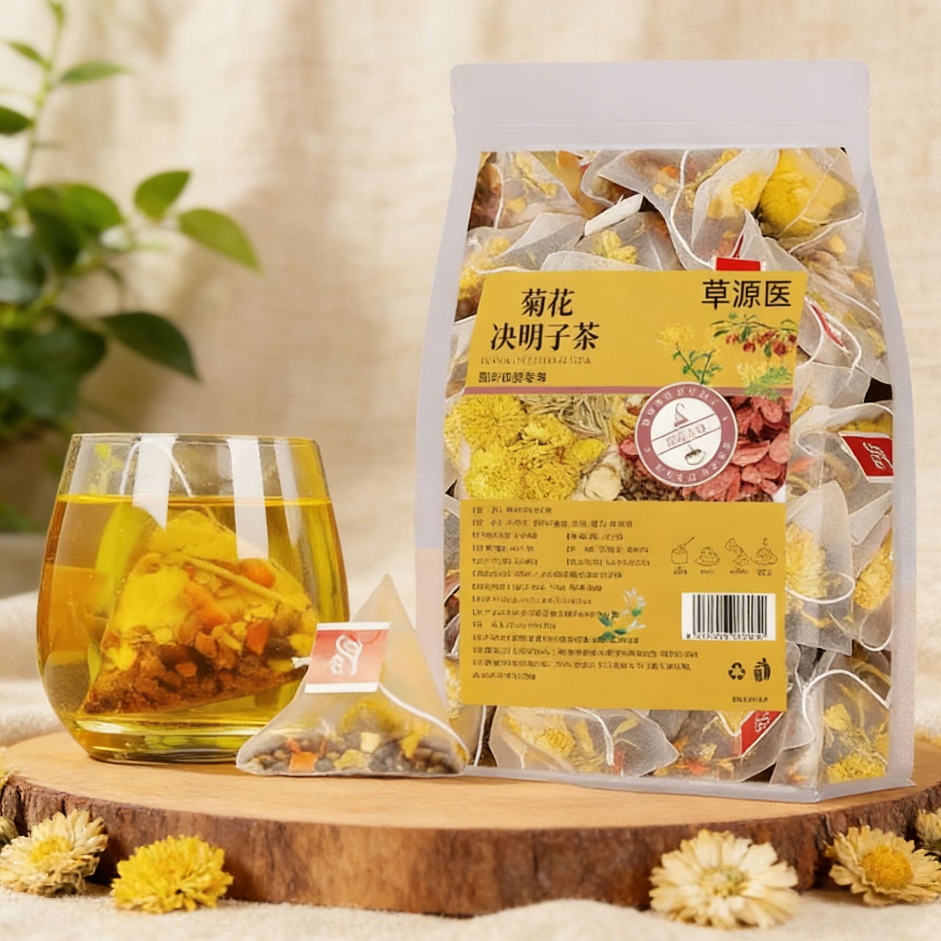 Chrysanthemum Cassia Seed Tea 5g x 30 Pyramid Tea Bags with Tangerine Peel Goji Berry Honeysuckle and Licorice overview