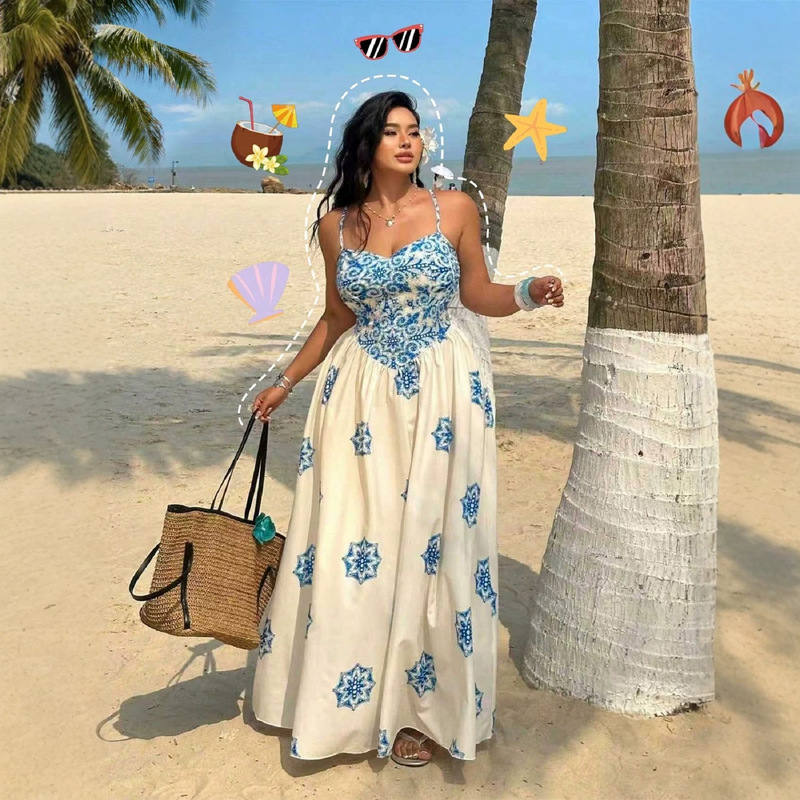 Amazon 2026 Cross-Border Plus-Size Women's Clothing Bohemian Sleeveless Strap A-Line Waist-Cinching Dress Beach Slimming Dress Amazon 2026 Cross-Border Plus-Size Women's Clothing Bohemian Sleeveless Strap A-Line Waist-Cinching Dress Beach Slimming Dress