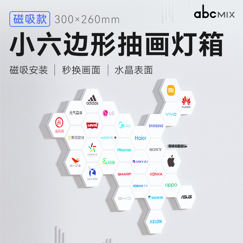 小六边形插画灯箱磁吸安装免钻孔低功耗亚克力发光广告展示