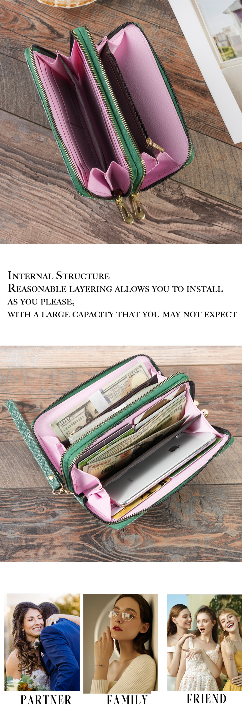 Daily Occasion Pu Leather Material Women's Stripe Pu Leather Zipper Long Wallets