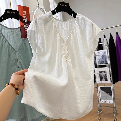 2025 summer new cotton linen short-sleeved V-neck loose temperament shirt top