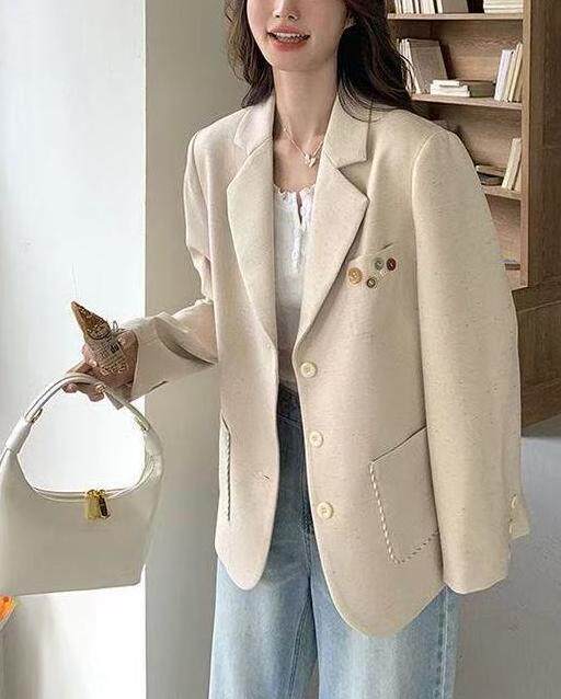 Áo vest nữ dáng suông thanh lịch, tay dài, cổ vest, phong cách công sở — Màu yến mạch (chất lượng cao) chi tiết 5