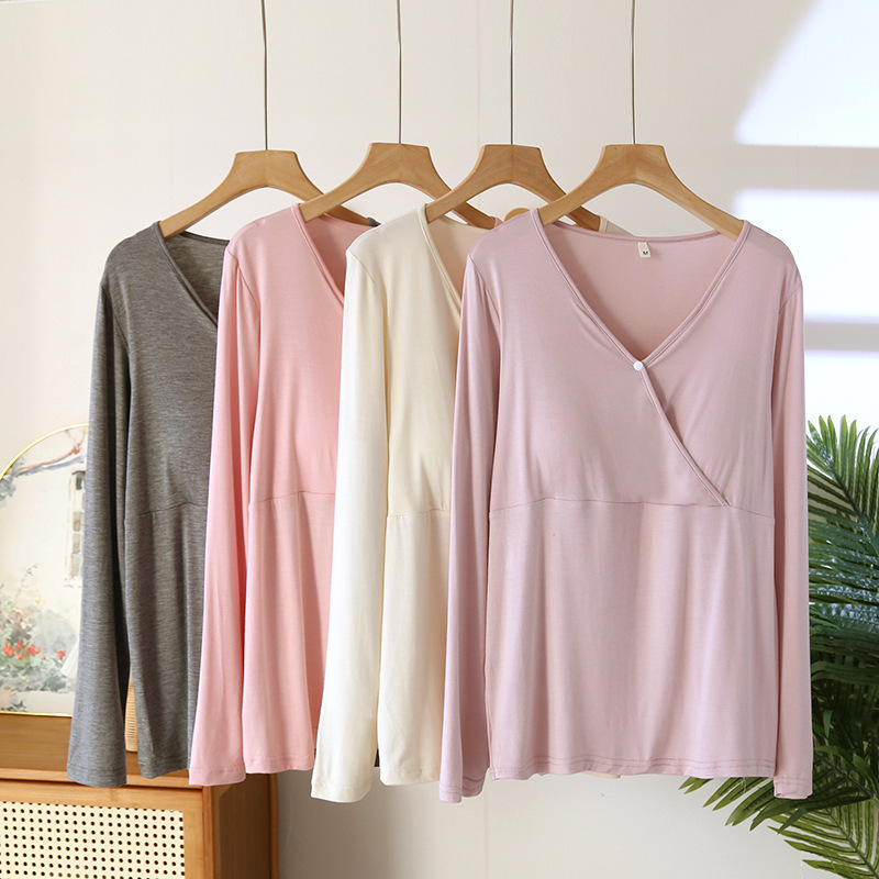 모유 수유 긴팔 탑 브라 프리 임산부 모유 수유 탑 모달 루나 여름 얇은 모유 수유 잠옷