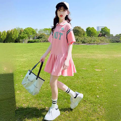 女童韓版中長裙2024新款中大童時髦翻領Polo裙卡通印花韓版連衣裙