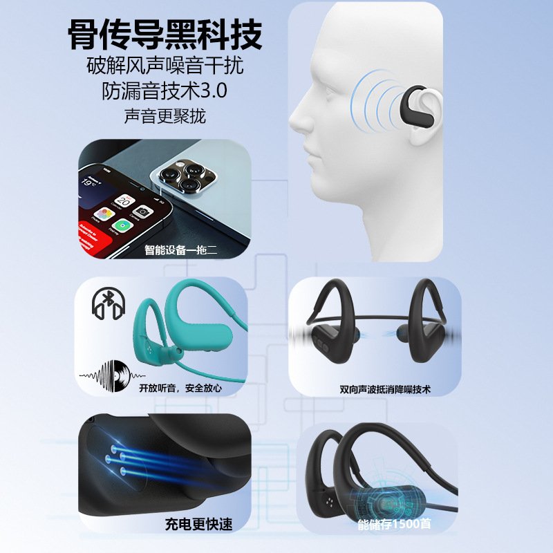 骨伝導 Bluetooth ヘッドセット ワイヤレス インイヤー 新しいブラック テクノロジーには 8G メモリが内蔵されており、超長持ちするイヤーフック ヘッドセット|undefined