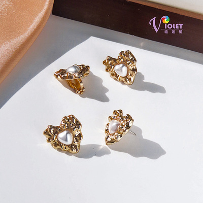 Qingdao factory Jewelry machining Europe and America Retro heart-shaped Ear Studs Baroque Pearl Pierced ears Ear clip On behalf of