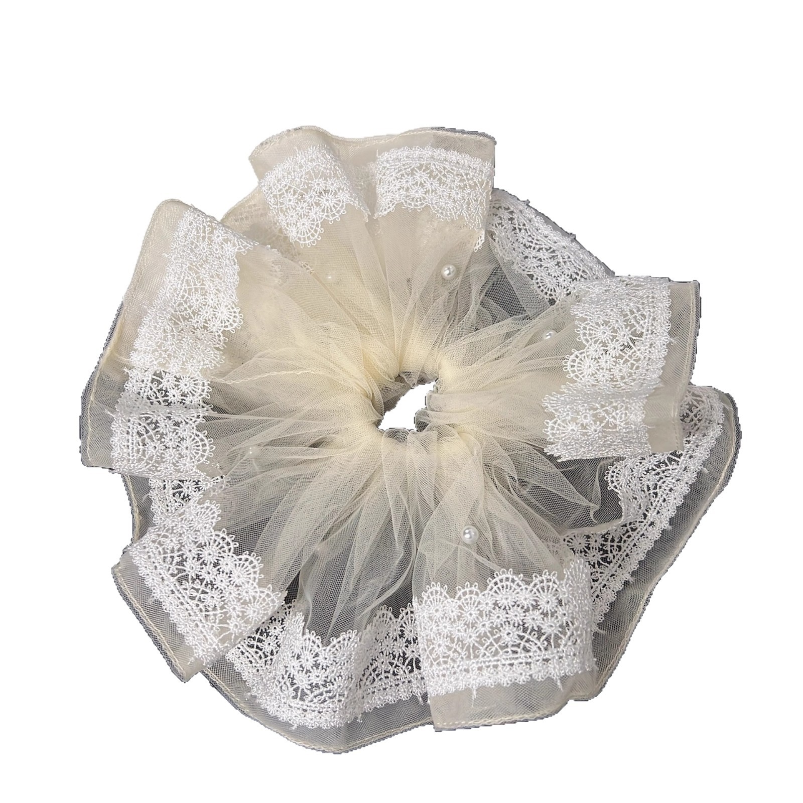 Extra Large Lace Scrunchie For Women Elegant Pearl Ponytail Hair Tie_voghion.com
