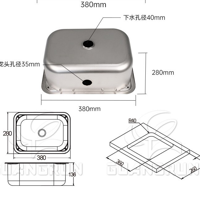 Cocina y baño Guangrun para vehículos recreativos con tapa de vidrio fregadero de acero inoxidable lavabo de verduras horizontal y vertical se puede GR-566A/B
