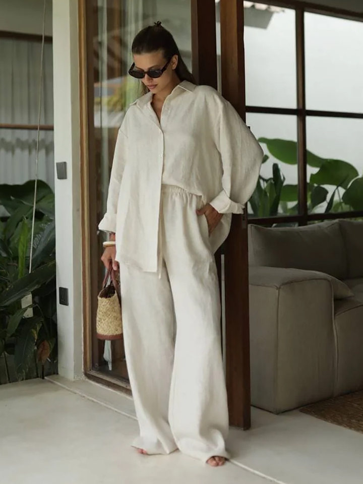 Bộ áo sơ mi dài tay rộng rãi kèm quần dài cotton phong cách thường ngày — Màu trắng nhạt, hồng, màu cà phê, màu trắng chi tiết 42