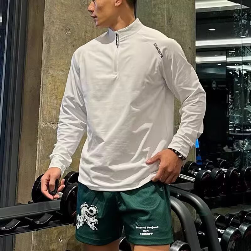 新款肌肉健身男士篮球兄弟训练衣服半拉链运动加大码长袖t恤上衣