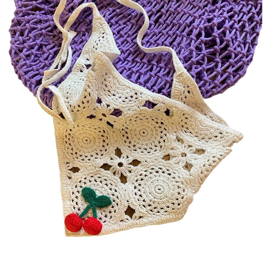 Coreano ins dulce dulce cereza hueco toallas triangulares tejidas a mano bufandas de seda para mujeres 2024 nuevo pañuelo